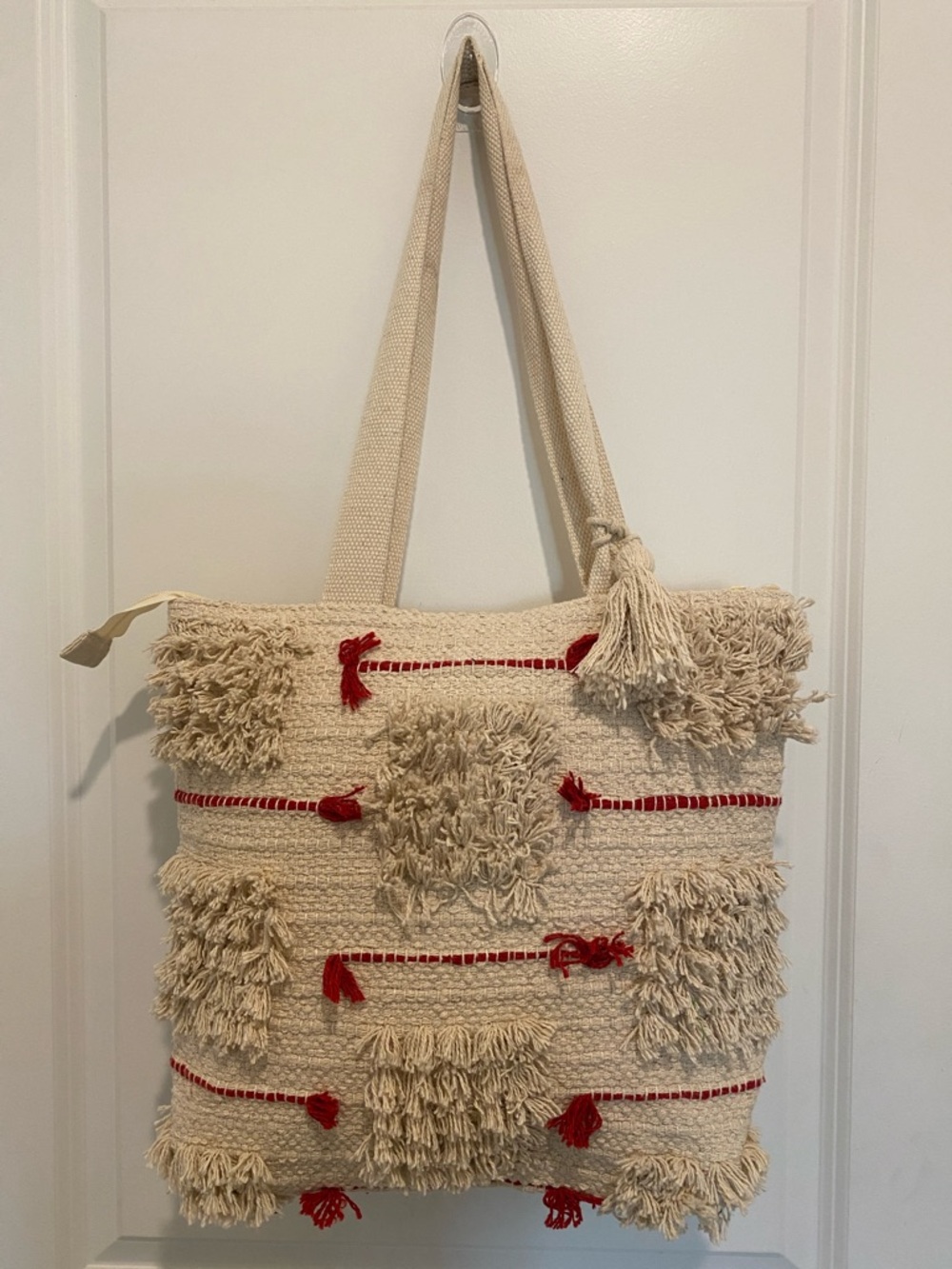 Boho Cream Tassel Tote Bag with Red Accents